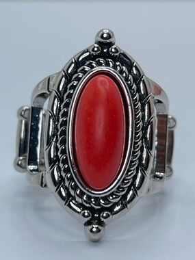 Silver Tone Red Cabochon Statement Ring Bold Stretch Band